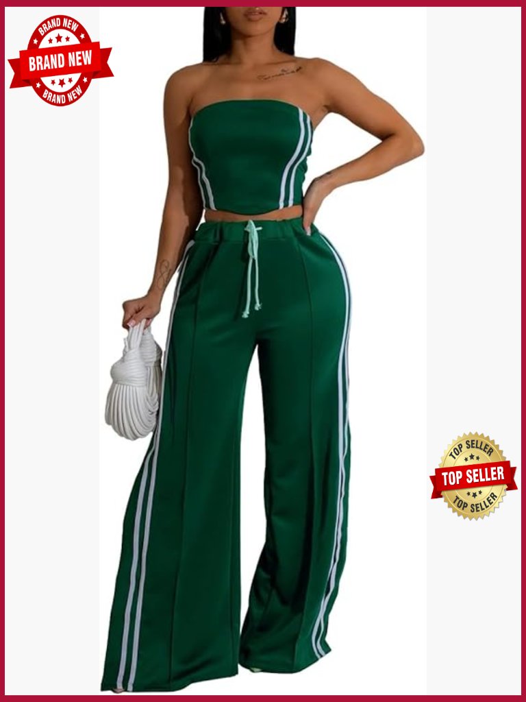 Strapless Striped Crop Top & Wide Leg Pants Set - 2 Piece Summer Outfit